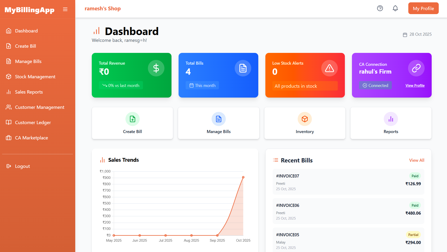 MyBillingApp Dashboard
